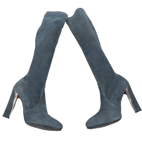 Stuart Weitzman Gray Suede Gold Tone Heeled Boots - Picture 3 of 17